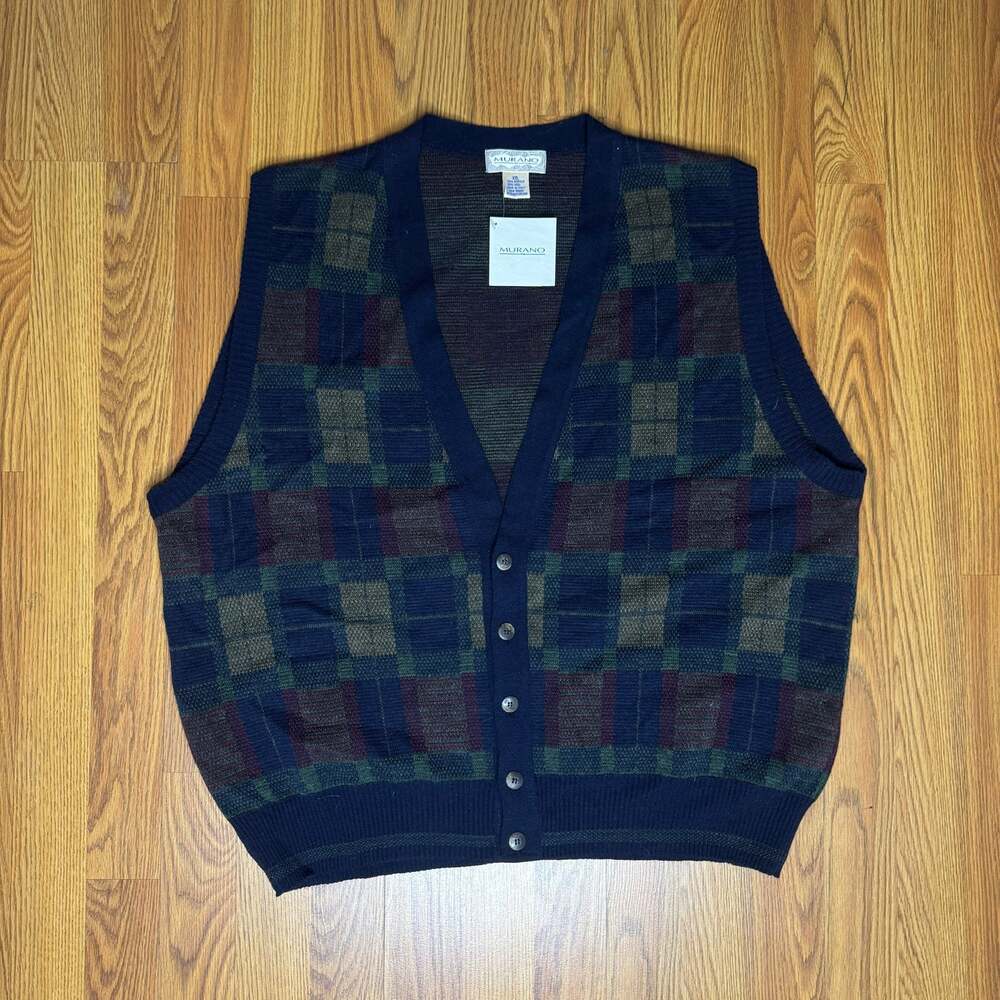 Vintage NWT Murano Made in Italy Wool Blend Vest 1990s Blue Geometric